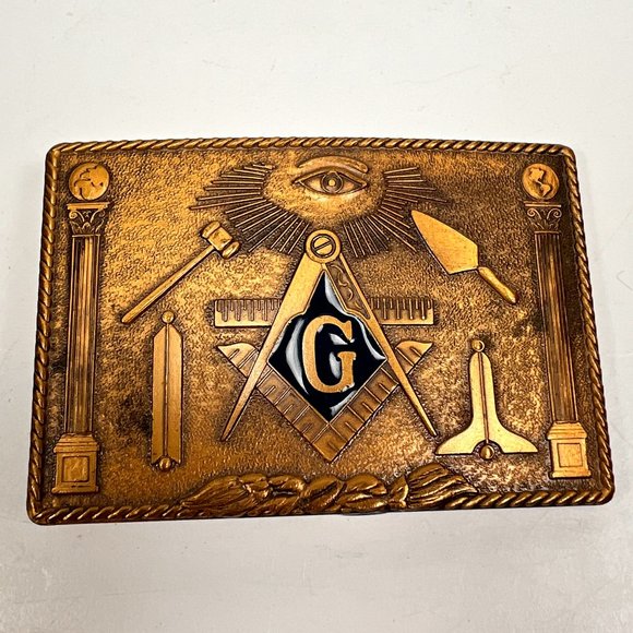 Vtg Masonic Freemason Bronze Metal Enamel Belt Buckle Harry Klitzner USA 70s - Picture 1 of 13